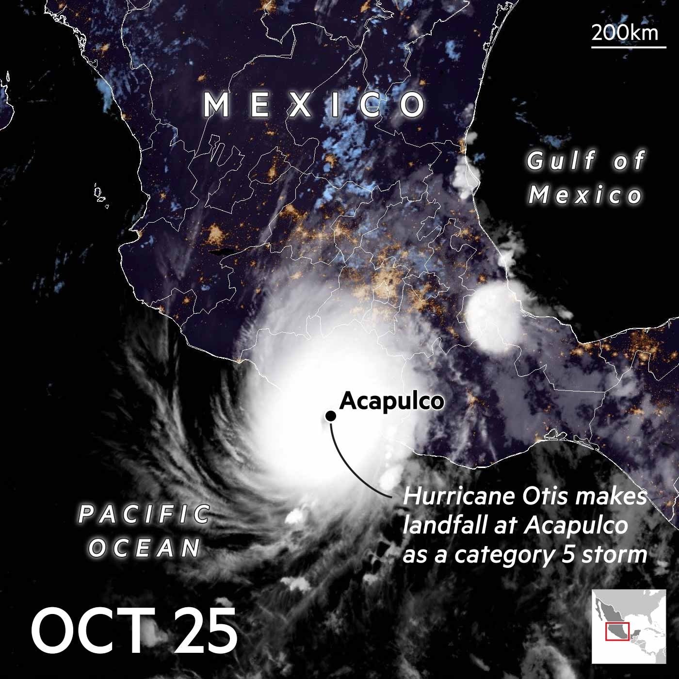 Satellite image showing Hurricane Otis make landfall as a category 5 storm at Acapulco in Mexico 
