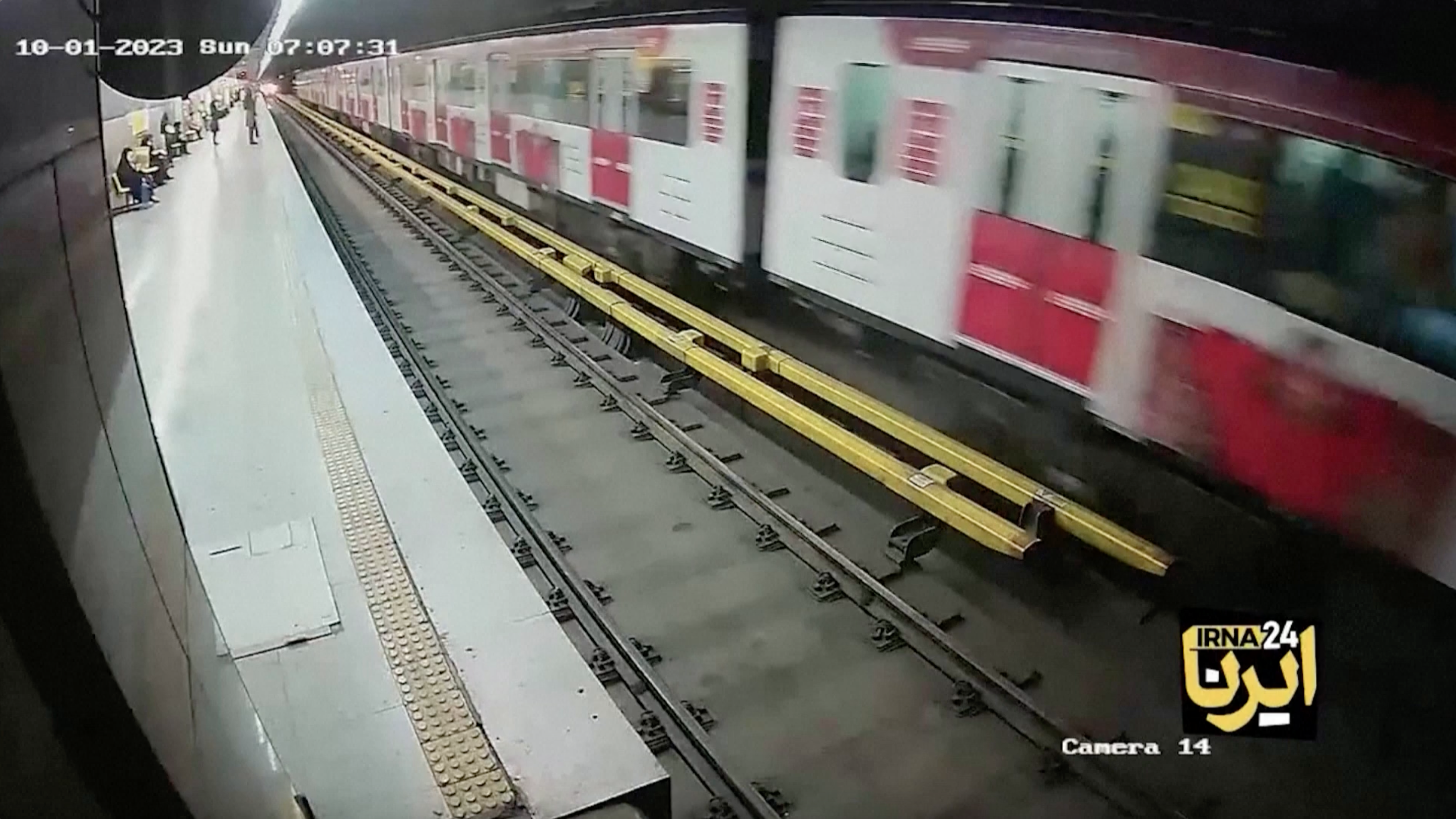 CCTV footage from Tehran subway of a train arriving on the platform 