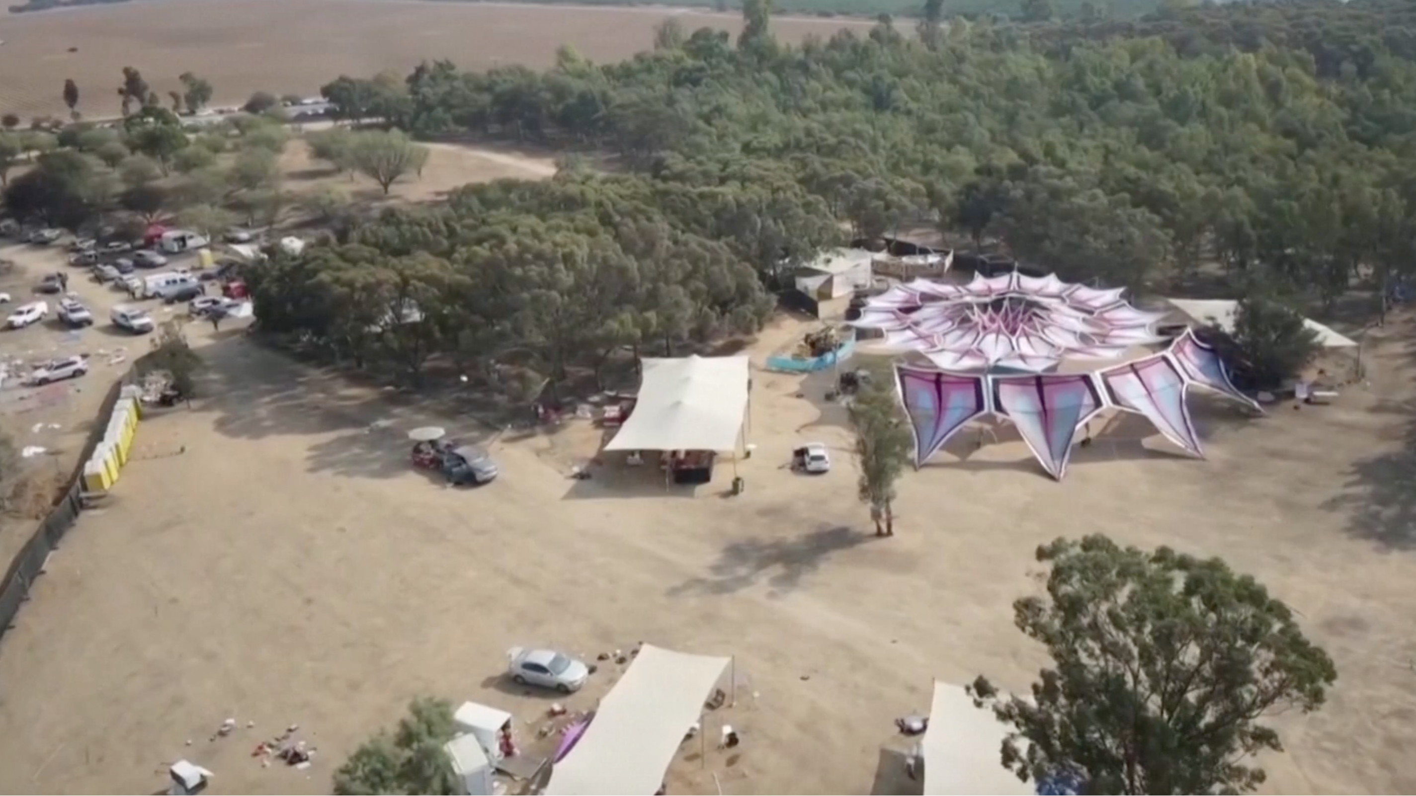 Drone footage captures the aftermath of Hamas’s attack on the Supernova music festival