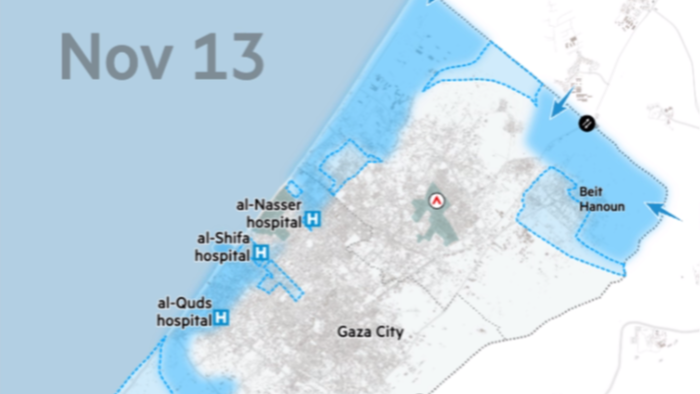 Screenshot of a map animation showing movement of Israeli forces in Gaza since November 2