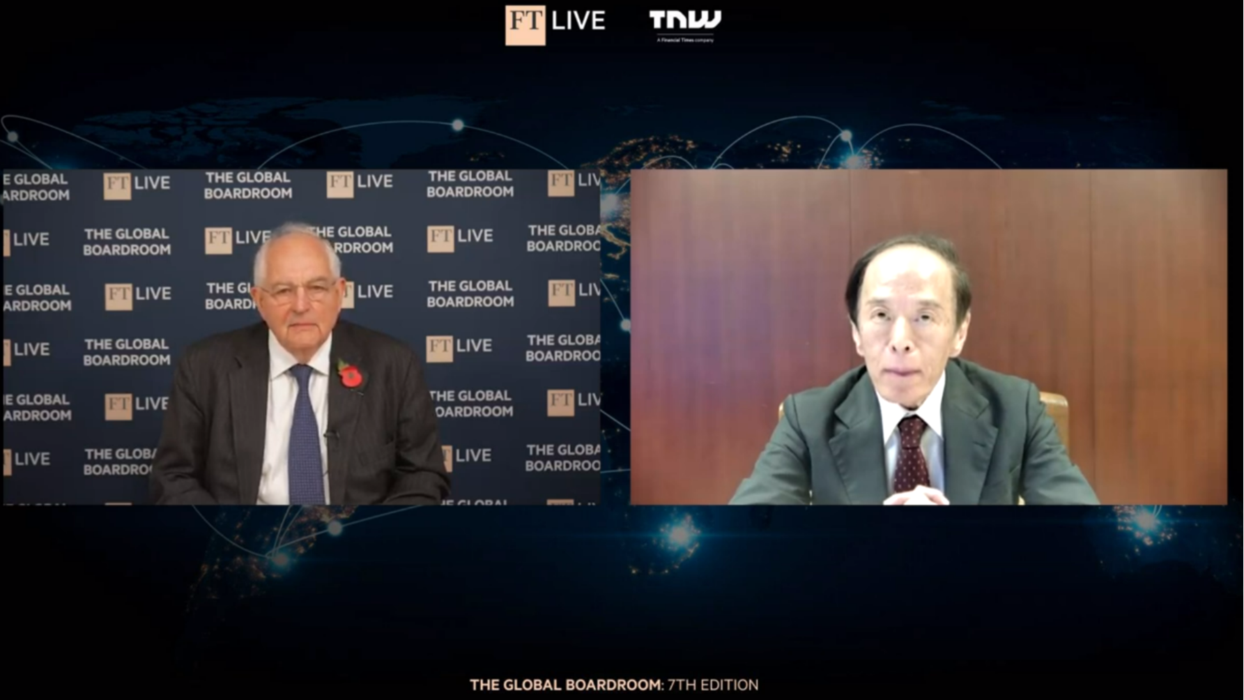 A video call featuring the FT’s Martin Wolf on the left and Kazuo Ueda on the right