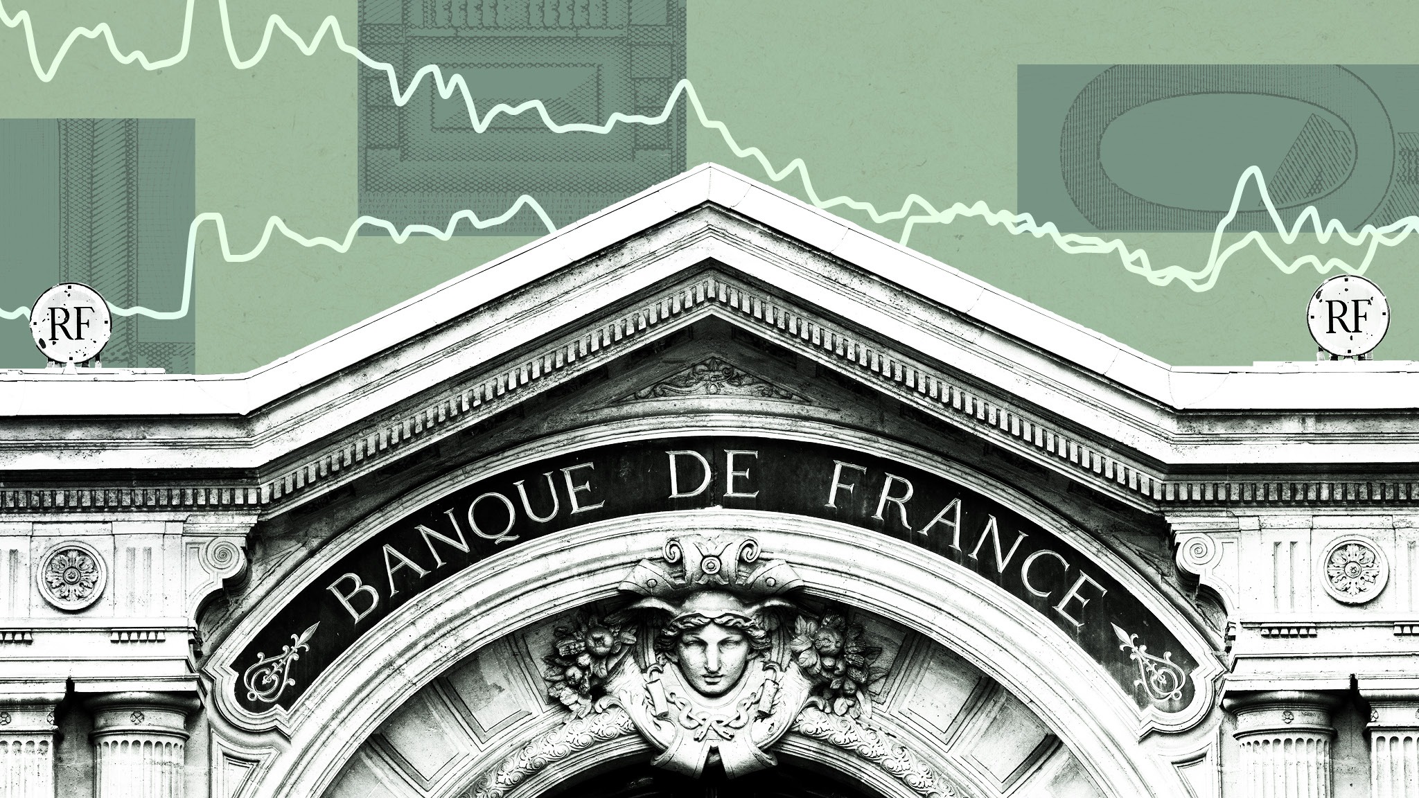 Documentos de dívida francesa diante de terminal financeiro e arquitetura monetária europeia.