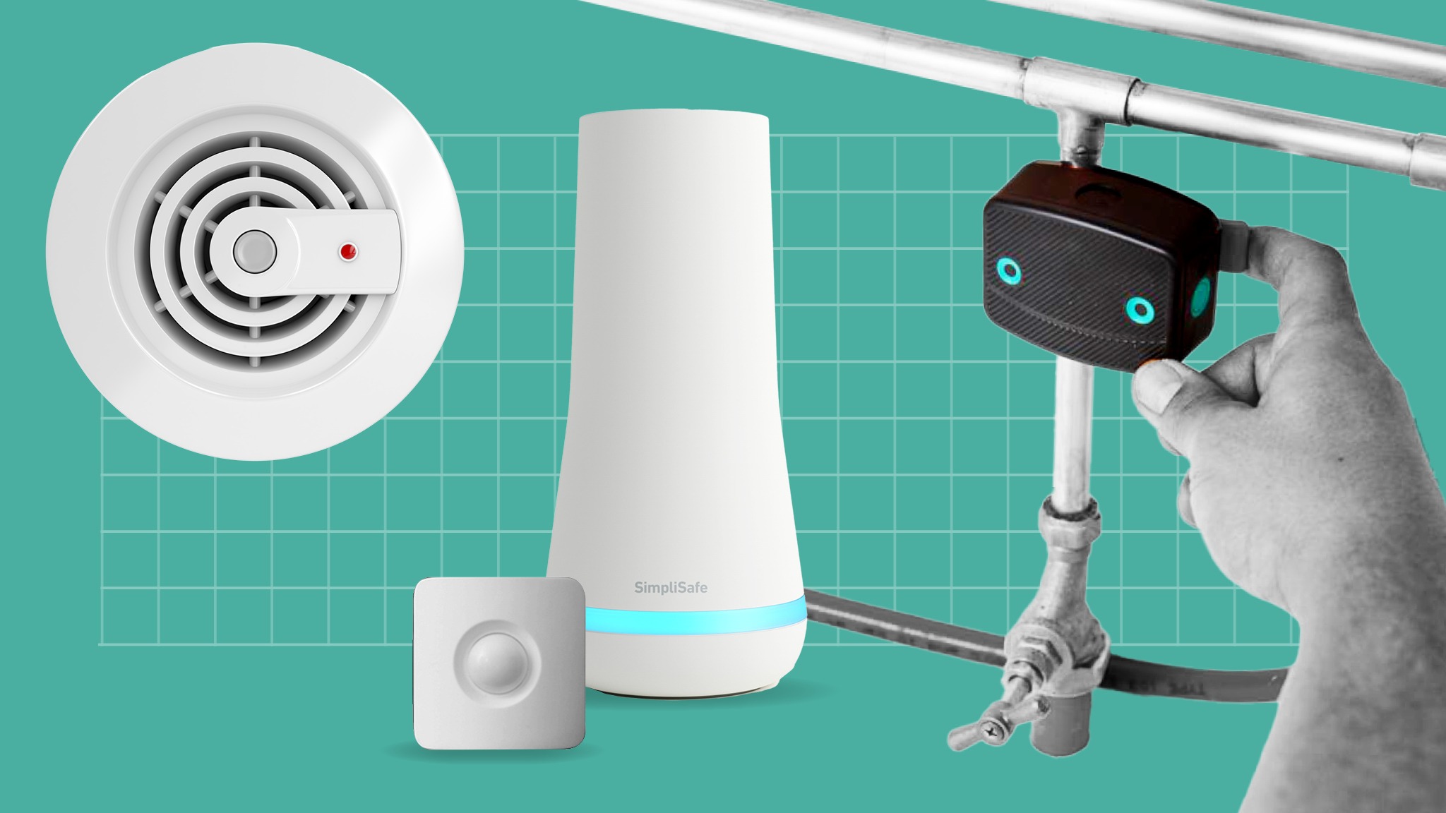 An Ondo Insurtech Leakbot, a Simplisafe base station and motion detector, a smoke and carbon dioxide alarm